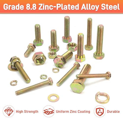 Quibbay 976pcs Nuts and Bolts Assortment Kit, Grade 8.8 Metric Bolt Assortment with Assorted Nuts and Washers, Heavy Duty M6 M8 M10 M12 Hex Bolts and Nuts Kit, Yellow Zinc Plated, Length from 16-50mm - size: 976pcs M6 M8 M10 M12