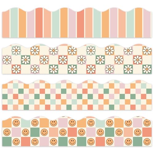 FYSUIMU 59.1 Ft Boho Bulletin Board Borders Retro Groovy Decoration Boarders Smile Daisy Plaid Scalloped Border Trim Sticker Decals for Back to School Home Classroom Party Wall Decoration - style: Boho Plaid
