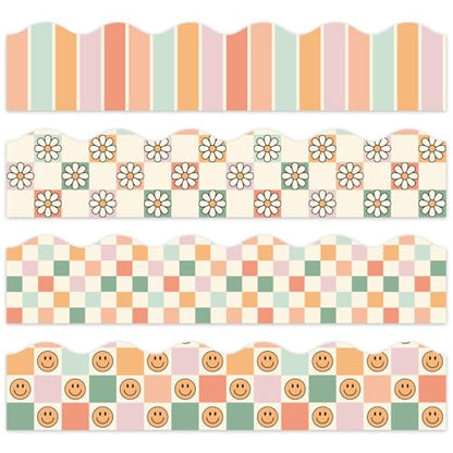 FYSUIMU 59.1 Ft Boho Bulletin Board Borders Retro Groovy Decoration Boarders Smile Daisy Plaid Scalloped Border Trim Sticker Decals for Back to School Home Classroom Party Wall Decoration - style: Boho Plaid
