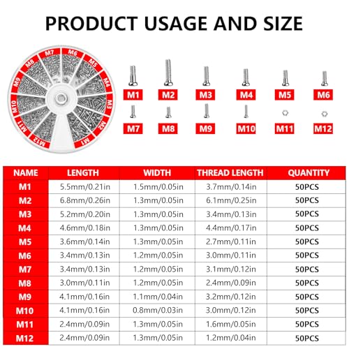 600Pcs Mini Screw and Nut Kit, Stainless Steel Micro Screws Assortment, 12 Sizes Tiny Fasteners for Eyeglasses, Sunglasses, Watch, Clock and Electronics Repair, Silver