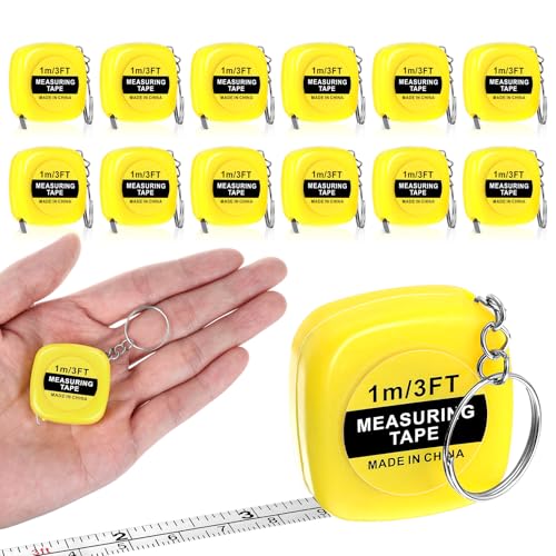 Grevosea 12 Pieces Mini Tape Measure Keychains, 2 Inch Functional Small Tape Measures Keychains with Stable Slide Lock Pocket Portable Tape for Birthday Party Favors Gift Bag Fillers Prize 1 m/ 3 Ft - color: 12 Pcs Yellow 2 Inch