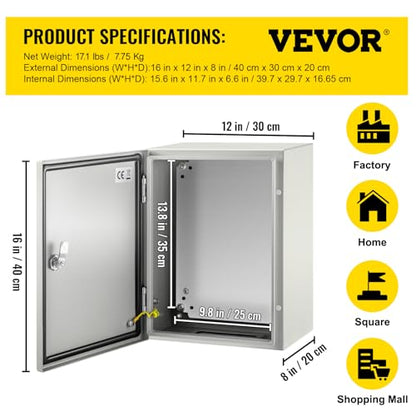 VEVOR NEMA Steel Enclosure, 16 x 12 x 8'' NEMA 4X Steel Electrical Box, IP66 Waterproof & Dustproof, Outdoor/Indoor Electrical Junction Box, with Mounting Plate - size: 16 x 12 x 8