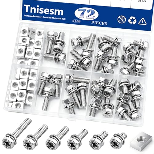 Tnisesm 72PCS Battery Terminal Motorcycle Bolts and Nuts Kit M6x10/12/16/18/20mm 304 Stainless Steel Battery Bolt with Square Nut for ATV Bike, Motorcycle, Scooter - size: M6-72PCS