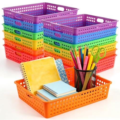 12 Pack Classroom Storage Baskets, Plastic Paper Trays for Desk Organization, Turn-in Trays for Teachers and Students, Stackable Organizer Bins for School Office-Bright Color