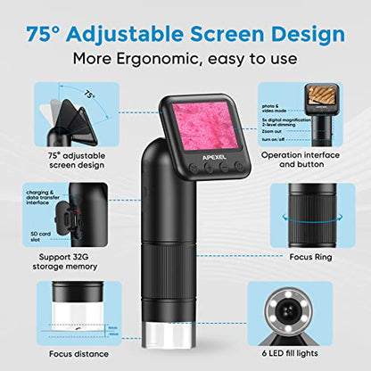 APEXEL 800X Handheld Digital Microscope with 2” LCD Screen, Pocket Portable Microscope with Adjustable LED Lights, Coins Microscopes Magnifier Camera, USB to PC (SD Card Not Included)