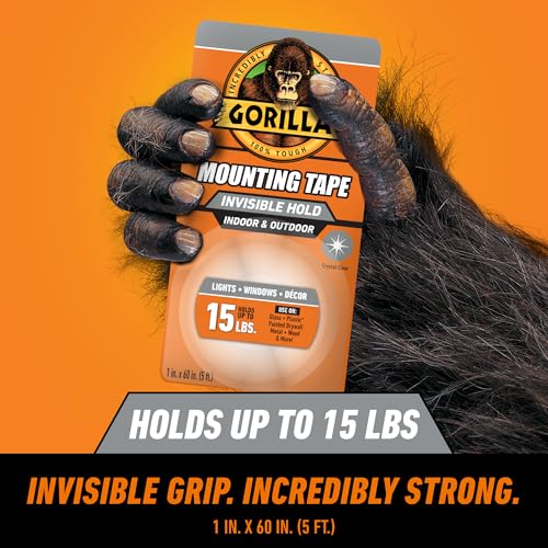 GORILLA Invisible Hold Mounting Tape, Holds Up to 15 lbs, Clear, 1" x 60" - size: 1" x 60"