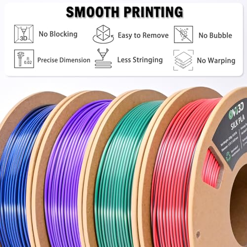 OVV3D PLA 3D Printer Filament Bundle 250g x 4 Spools, Silk PLA Filament - color: Silk Black Purple Red Green Blue