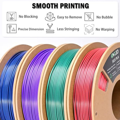 OVV3D PLA 3D Printer Filament Bundle 250g x 4 Spools, Silk PLA Filament - color: Silk Black Purple Red Green Blue