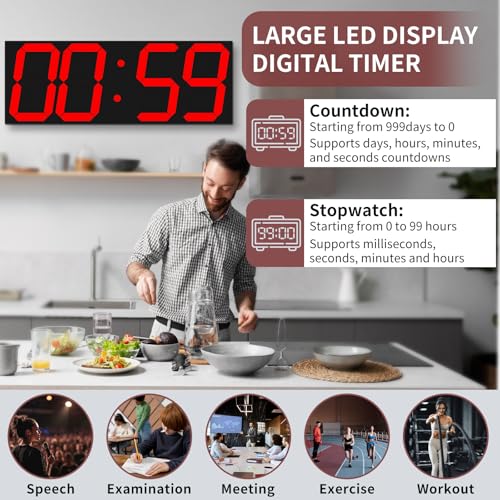 CHKOSDA 18.7‘’Large Digital Wall Clock,LED Digital Clock with Big Number,Multi-Function Remote Controlled Wall Clock with Timer, Alarm and Calendar Display(Red) - color: Red