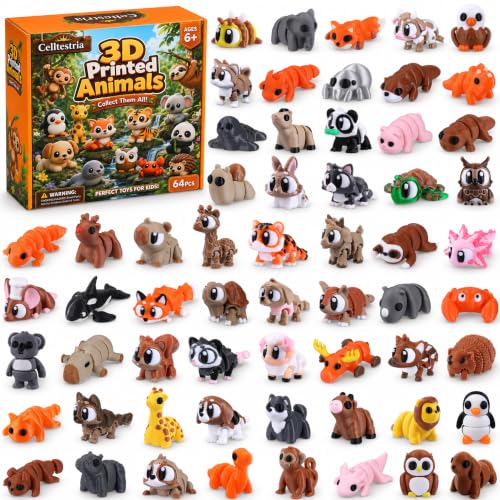 Celltestria 64PCS Mini 3D Printed Animals Articulated Fidget Toys for Kids - style: 64Pcs 3D Animals