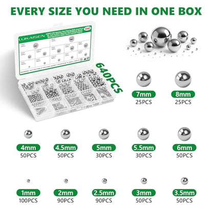 640 Pcs 304 Stainless Steel Bearing Balls Kit, 1mm-8mm Sizes - size: 640Pcs