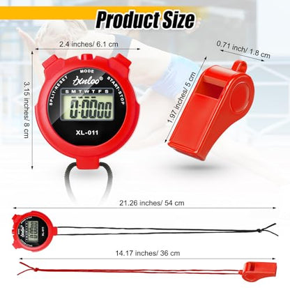 Simgoing 48 Pcs Digital Stopwatch Timer Plastic Whistle Bulk for Sports Coaches Referee Waterproof Watch Timer Whistle with Lanyard Multi Function Electronic Fitness Date Alarm (Red) - color: Red