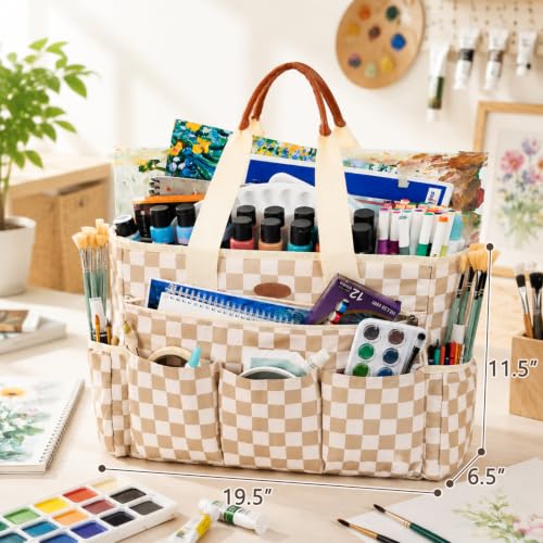 APOFFICE Art Supply Organizer, Large Craft Organizer Tote Bag, Craft Tote - color: Khaki