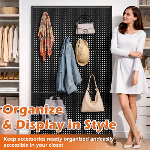 Royxen 3.5 x 6 Feet Metal Pegboard with 50 Hooks, Peg Board Display Stand with Wheels, Large Standing Pegboard Displaywith T-Base Art Display Stand for Retail Stores Exhibitions Homes (Black) - color: Black
