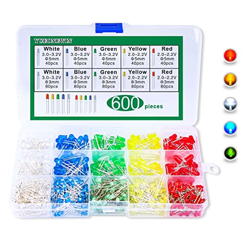 600Pcs 3mm 5mm LED Light Emitting Diodes Assortment Kit Round Diffused Led Circuit Component Assorted Set for Arduino, PCB Electronic Circuit DIY, Raspberry Pi (White/Red/Yellow/Blue/Green)