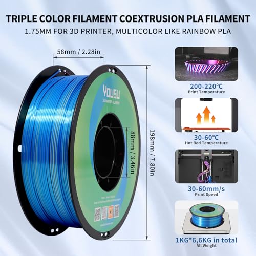 YOUSU 3D Printer Filament Silk PLA Filament Rainbow Color,1.75mm Tri Color PLA Filament 6kg Pack,1kg Spool. - color: 1-rainbow Tri Color Pack