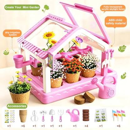 Kids Mini Greenhouse Plant Growing Kit with Drip Irrigation System,Transparent Plant Observation House Complete Gardening Tools,STEM Science Educational Planting Toy Gift for Boys Girls Age 3-12