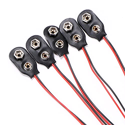 9V Battery Clip Connector, 9 Volt Long Cable Connection Soft Shell I Type, Black, 5 Pack