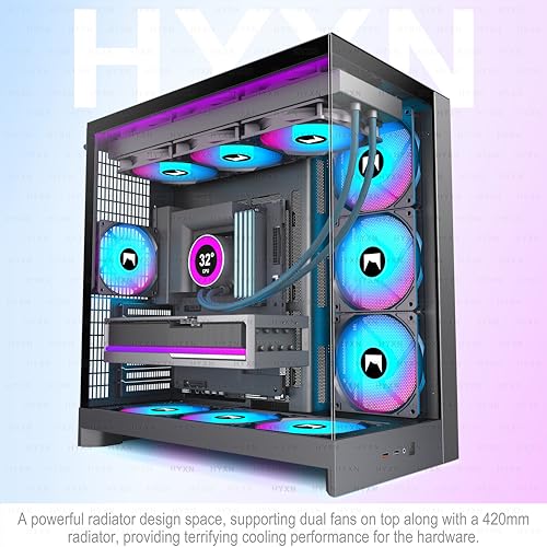 H2 (2026) HYXN ATX PC Case, Pre-installed 8 PWM ARGB Fans (6X140mm,2X120mm), Large Dual-Chamber ATX Mid-Tower Airflow Computer Case, Gaming PC Case, 420mm Radiator Support, Type-C 3.2 (Black RGB) - color: Black RGB