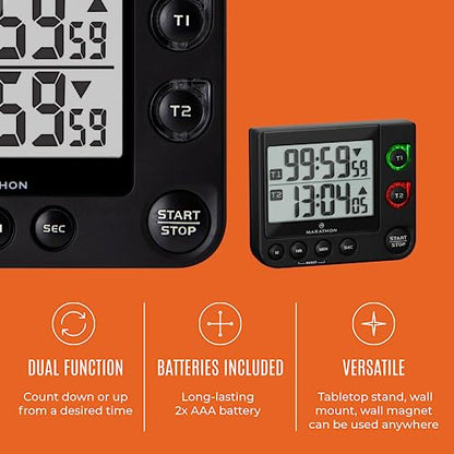 MARATHON Dual Digital Timer, 100-Hour Count Up/Down, Large Display, Black - color: Double Timer Black