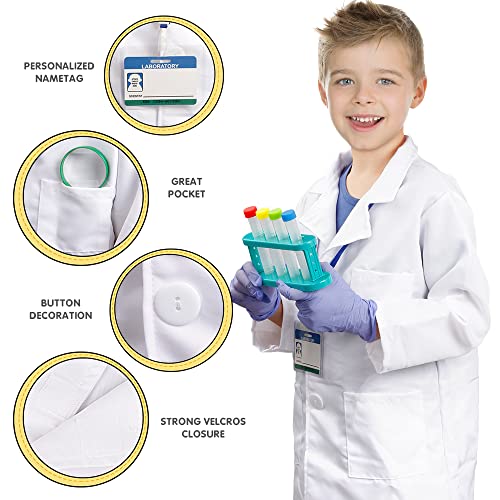 Scientist Costume for Kids, Lab Coat with Science Experiment Kit, Dress Up & Pretend Play for Boys Girls Ages 4 to 8 Years Old