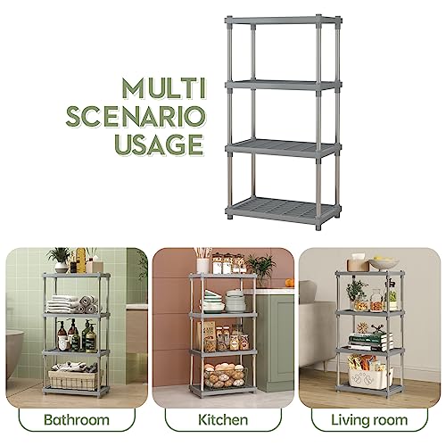 4 Tier Gray Plastic and Metal Standing Shelf Units, Durable Storage Shelves Rack Open Shelving for Pantry Kitchen Bathroom,13MM Steel Tubes - color: Grey