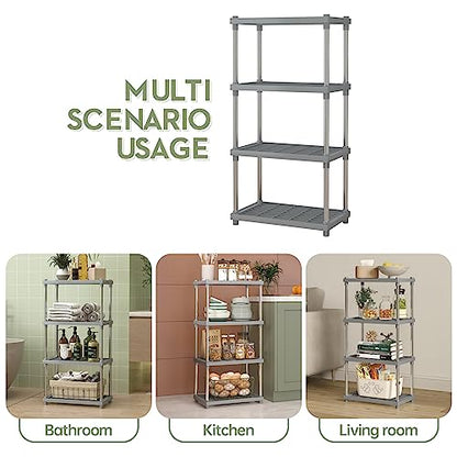 4 Tier Gray Plastic and Metal Standing Shelf Units, Durable Storage Shelves Rack Open Shelving for Pantry Kitchen Bathroom,13MM Steel Tubes - color: Grey