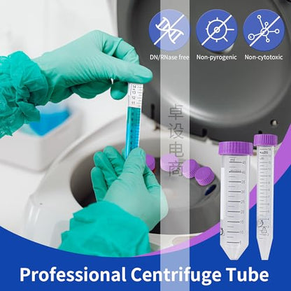 BIPEE Centrifuge Tubes 15mL, Conical Tubes Sterile 50 PCS, Polypropylene, Leak-Proof Screw Caps, Plastic Container with Graduated and Write Marks, Non-pyrogenic, DNase/RNase Free (Purple) - color: Purple