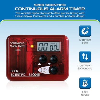 Sper Scientific Continuous Alarm Timer with Count Up Count Down & Visual Indicator 810045 - Bright LED Alarm & 9999-Minute Range - Portable Design for Cooking, Experiments, Fitness & More - 4 pc - size: 4 Pack