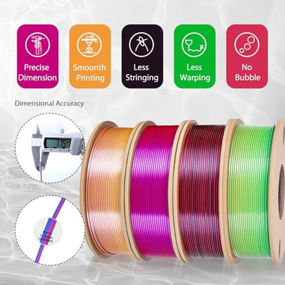 Silk Rainbow PLA Filament 1.75mm Bundle, Shiny Fast Color Changing Gradient 3D Printer Filament 4-Pack (250g/Spool, 1kg Total), High Gloss & Smooth Finish for Articulated Dragon Toys, 3D Art Crafts - color: Candy+forest+universe+red Blue Green+black Red 4