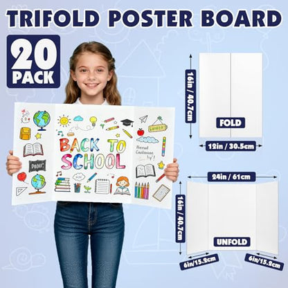 20 Pack White Trifold Poster Board, 16in x 24in Corrugated Project Board - size: 16''x24''-20P