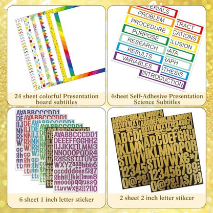 PerKoop 36 Sheets Science Fair Board Poster Boards Supplies 24 Self Adhesive Presentation Subtitles 4 Science Fair Project Titles 8 Personalized Letter Sticker for Classroom (Glitter Neon 1) - color: Glitter Neon