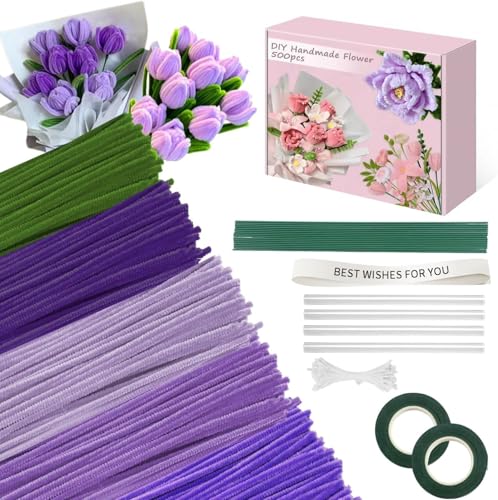 500 Pcs Pipe Cleaners Flower Kit,5 Colors Chenille Stems with Guide&Tools - color: Purple