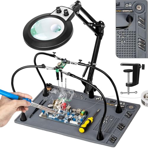 Helping Hands Soldering Station, 10X 30X Magnifying Glass with Light - color: Gray, size: 10.65×15.4-Inch(30X&10X)