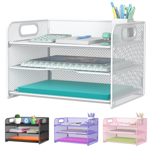 Samstar 3 Tier White Letter Tray Paper Organizer with Handle, Mesh Desk Organizer Paper Sorter File Rack Shelves, White - color: White 3 Tier Pack of 1