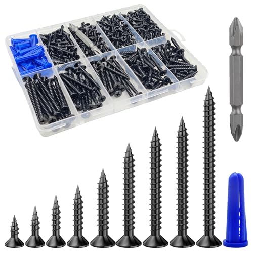Wensilon 385PCS Wood Screws Assortment Kit, Black Flat Head Screws - color: Black, size: Multi-Size Kit