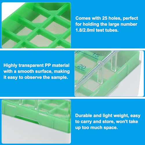 PATIKIL 25 Well Centrifuge Tube Freezer Storage Box, 2 Pcs Polypropylene Tube Rack for 1.8ML and 2.0ML Tubes Vials Samples, Green - color: Green
