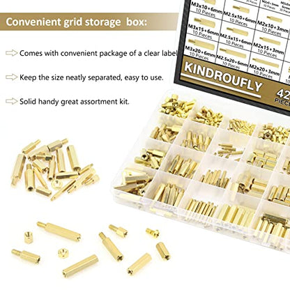 421 Pieces M2 M2.5 M3 Male Female Hex Brass Standoffs Spacers Screws Nuts Kit, Kindroufly Brass Standoffs Assortment Kit for PCB Motherboard - size: M2 M2.5 M3 Brass Standoffs