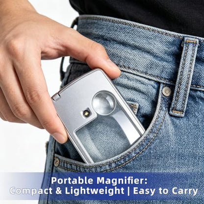 2PCS 3X 6X Magnifying Glass with Light, Mini Pocket Magnifying Glass, Portable Handheld Magnifier with Protective Sheath, Illuminated Lighted Magnifier for Reading, Coins, Hobby, Travel