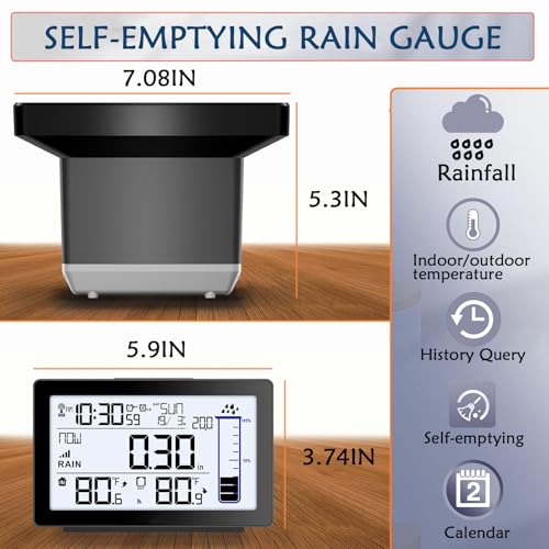Wireless Rain Gauge Outdoor, Self-Emptying Digital Rain Gauges Outdoors Best Rated, Electronic Rain Measure Gauge for Yard, Freeze Proof Rain Gauge with Thermometer, Remote Rain Meter for Garden - color: Wireless Digital Rain Gauge Black