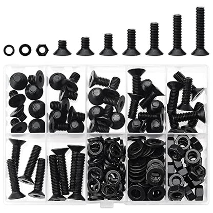 HELIFOUNER 146 Pieces M6 x 8mm /10mm /12mm /16mm /20mm /25mm /30mm, Countersunk Head Socket Cap Screws Bolts Washers Nuts Kit, 10.9 Grade Alloy Steel, Full Threaded, Black - size: M6, style: Countersunk Head