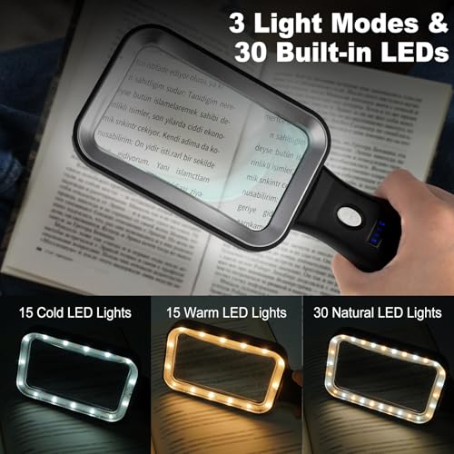 10X Magnifying Glass with Light, Rechargeable Magnifier with 3 Color Modes