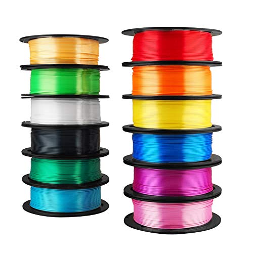 MIKA3D 12 in 1 Bright Shine 3D Printer Silk PLA Filament Bundle, Most Popular Colors Pack, 1.75mm 500g per Spool, 12 Spools Pack, Total 6kgs Material with One Bottle of 3D Printer Stick - color: 12 Spools - White+black+red+sapphire Bluepeacock Blue+green+