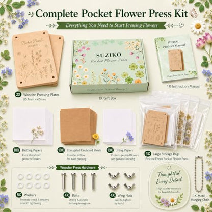 Suziko Pocket Flower Press Kit, Portable Mini Wooden Flower Press with10 Layers Drying Boards & Papers