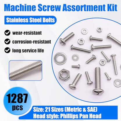 1287Pcs Nuts and Bolts Assortment Kit, 304 Stainless Steel Bolts Machine Screws Hardware Assortment Kit, Metric & SAE Phillips Pan Head Screws, Assorted Bolts, Nuts and Washers Kit - size: SS SAE & Metric Kit