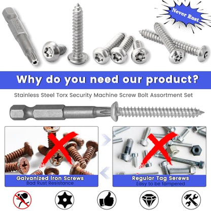 214Pcs #8#10 Button Head Torx Security Sheet Metal Screws (Length 1/2” 5/8'' 3/4'' 1" 1-1/4'' 1-1/2”), Stainless Steel Tamper Resistant Self Tapping Screws, Anti-Theft Screws with Bit T20 T25 - size: A. #8#10