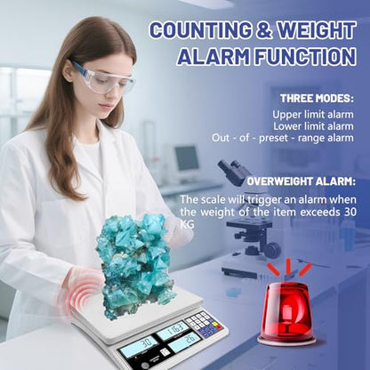 Industrial Counting Scale for Small Part (30kg, 66lb,1g), g/kg/lb,Coin Scale Built-in Battery,Digital Inventory Scale with Alarm Mode, RS-232 Interface for Printer Connectivity