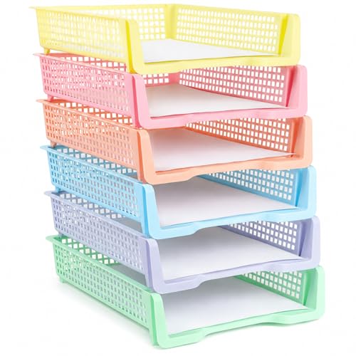 Set of 6 Pastel Turn in Trays for Teachers Stackable Classroom Paper Letter Trays Plastic Classroom Desk Letter Organizer Tray Storage Baskets for Library, Drawers, Office, Home - color: Pastel