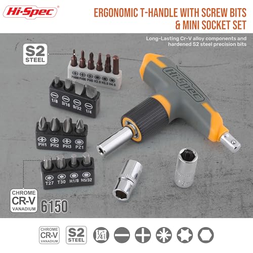 Hi-Spec Magnetic T-Handle Ratchet Wrench and Screwdriver Set with Toolbox - color: Pale Yellow