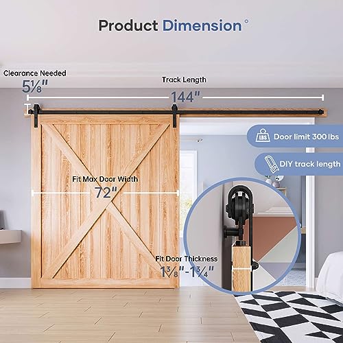 EaseLife 12 FT Sliding Barn Door Hardware Track Kit,Basic J Pulley,Slide Smoothly Quietly,Easy Install (12FT Track Kit for 72" Wide Single Door) - size: 12 Feet
